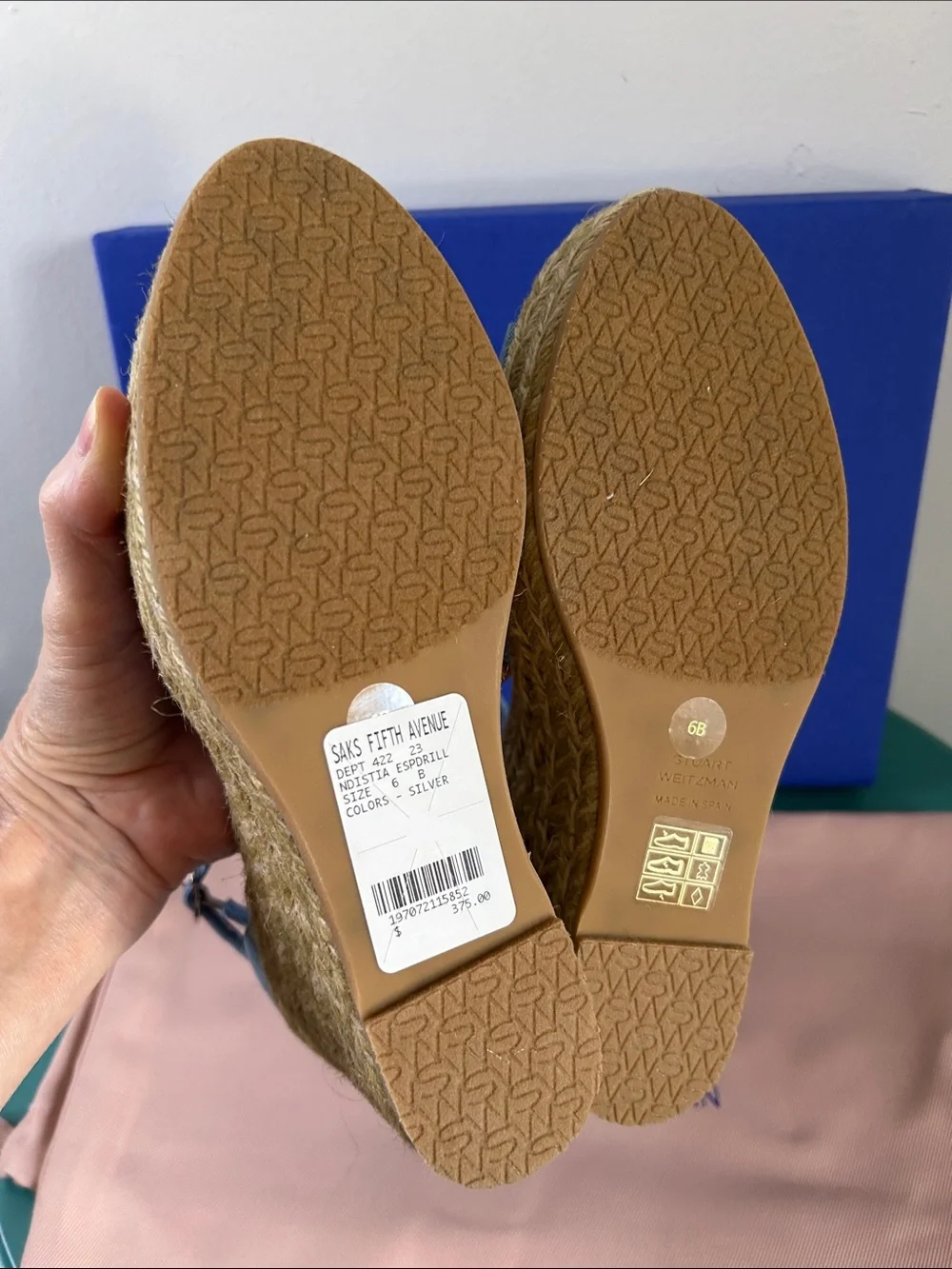 Stuart Weitzman Nudistia Metallic Denim Blue Espadrille Wedge Sandal Ankle Strap - Picture 5 of 10